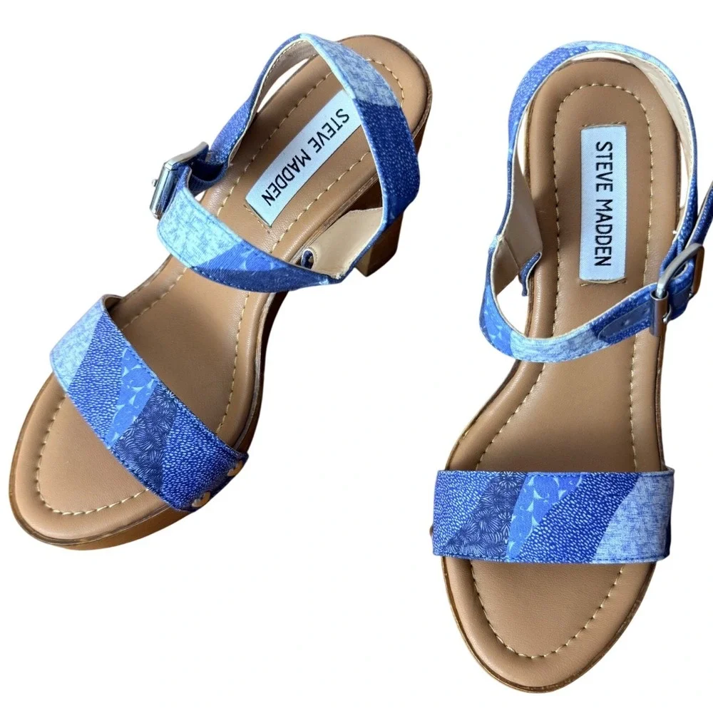 Steve‎ Madden Womens Blue Patchwork Denim Platform Block Heel Sandals Size 6M